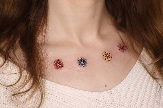 Colorful Flowers Collar Bone Tattoo 