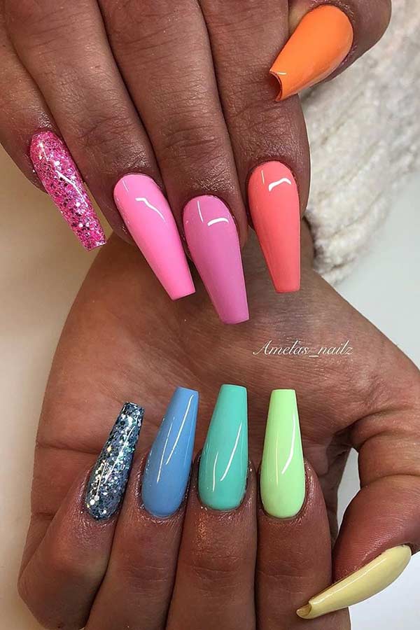 Colorful Rainbow Coffin Nails