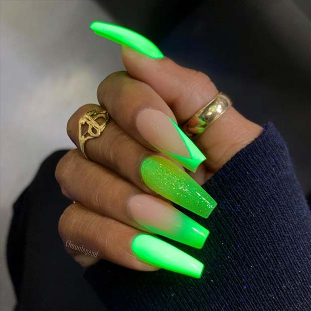 Neon Green and Glitter Nails