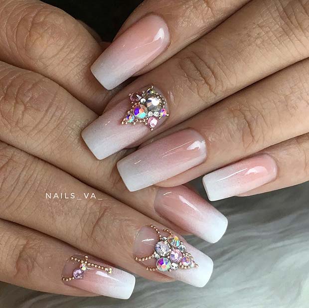 Ombre Nails with Beautiful Rhinestones