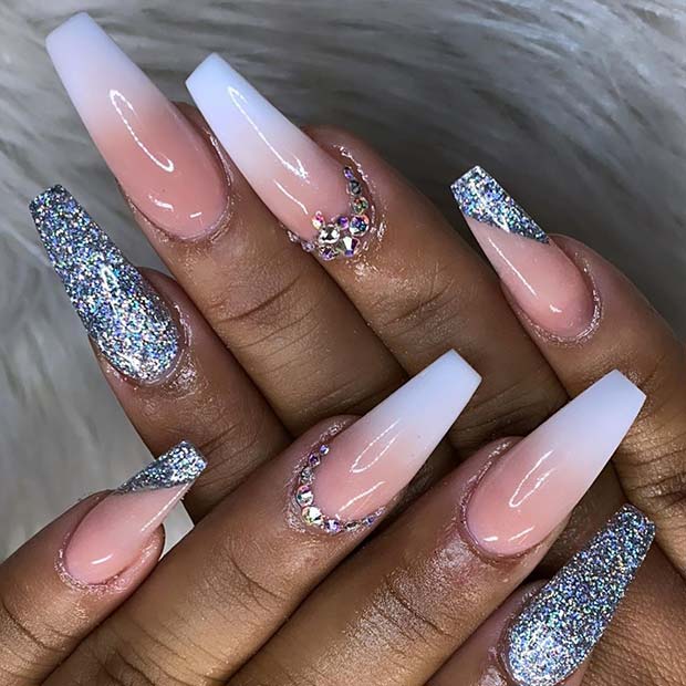 Ombre and Silver Glitter Coffin Nails