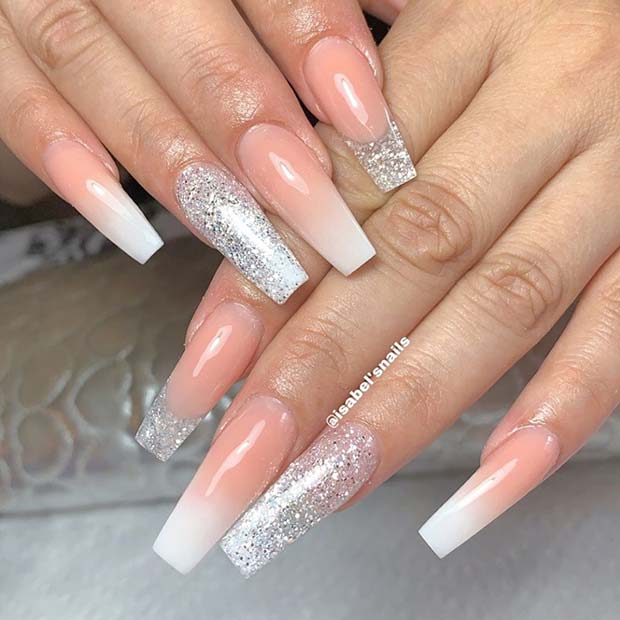 Long Silver Glitter Coffin Nails