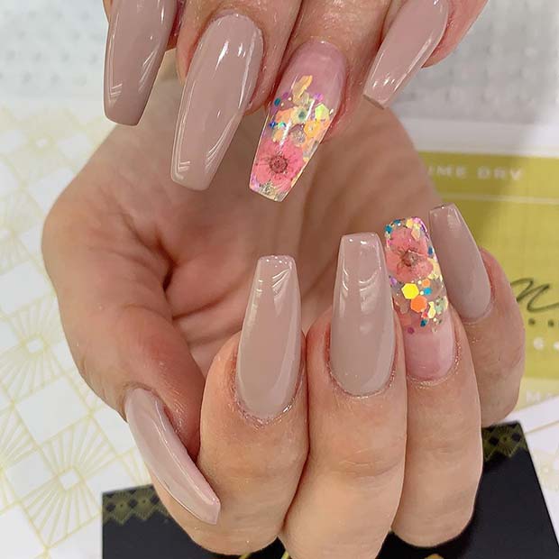 Beautiful Nude Nails with Floral Art
