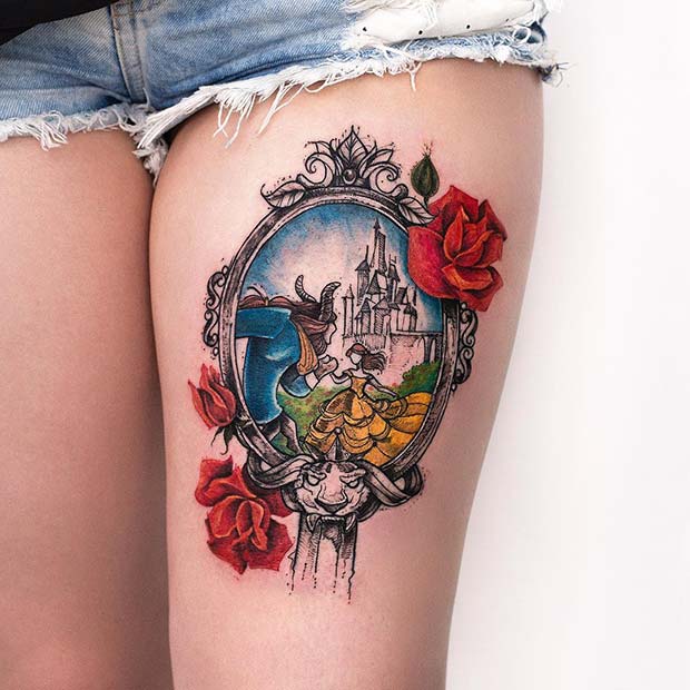 Beauty and the Beast Inspired Thigh Tattoo
