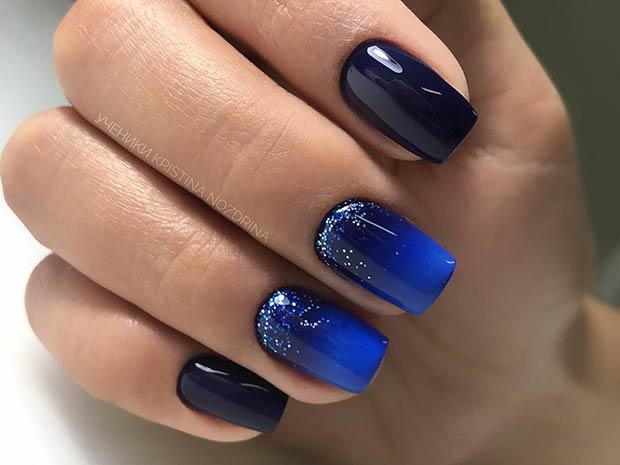 Black to Blue Ombre Short Nails