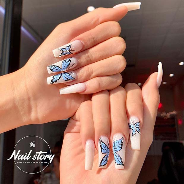 Blue Butterflies Nail Art