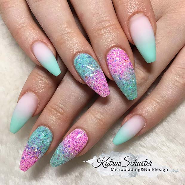 Mint Blue and Pink Ombre Nails