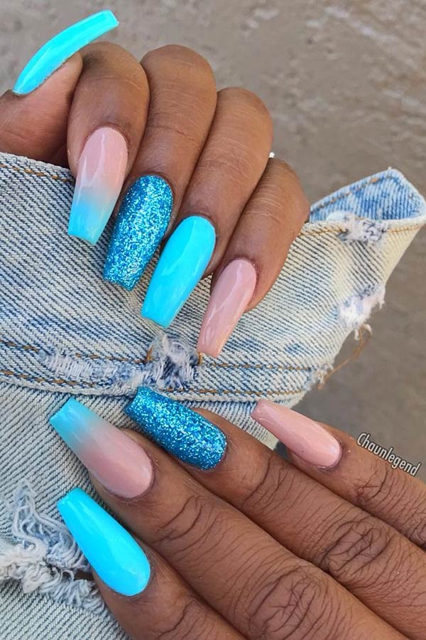 Bright Blue Ombre and Glitter Nails