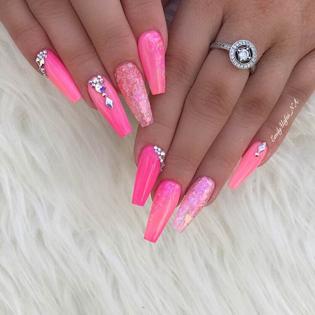 Bright Pink Nails with Rhinestones
