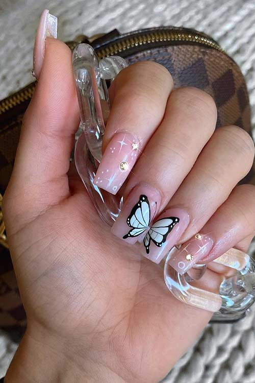 Butterfly Nail Design with Rhinestones