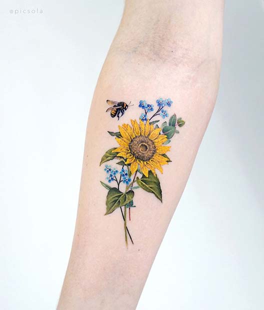 Colorful Sunflower Tattoo with a Bee