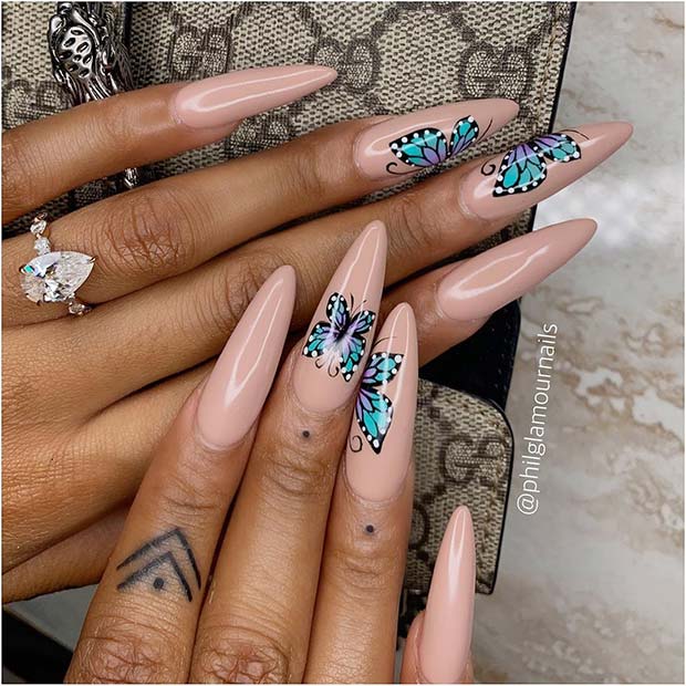 Long Nails with Pretty Butterflies