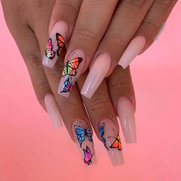 Nude Nails with Bold Butterflies