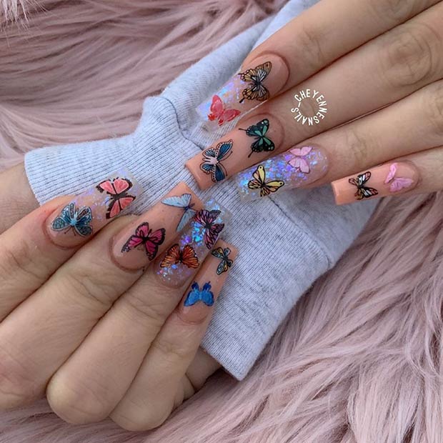 Nude Nails with Colorful Butterflies
