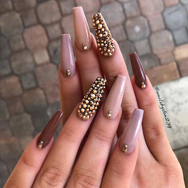 Nude Nails with Gold Rhinestones