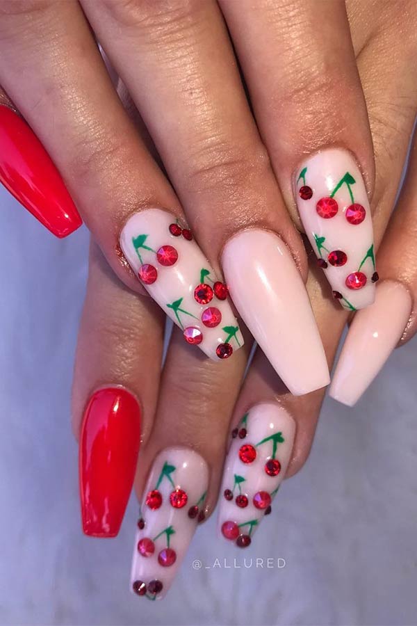 Nude and Red Cherry Nails