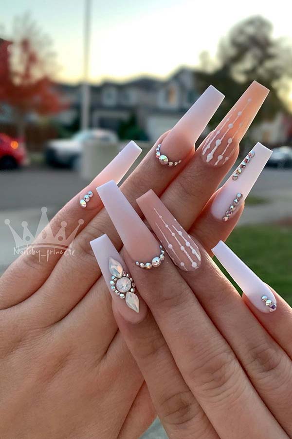 Nude and White Coffin Nails with Rhinestones