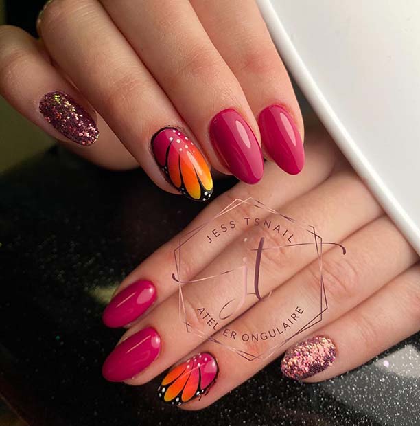 Pink Nails with Butterfly Nail Art and Glitter