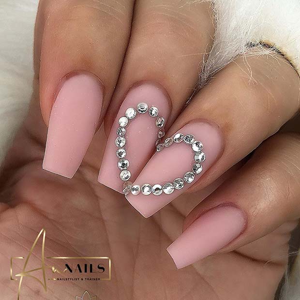 Pink Nails with a Rhinestone Heart