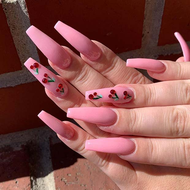 Pink Coffin Nails with Cherries