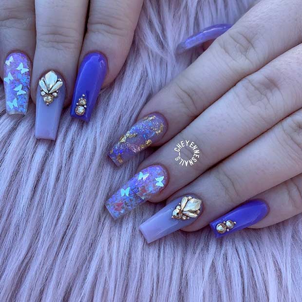 Purple Coffin Nails with Sequin Butterflies