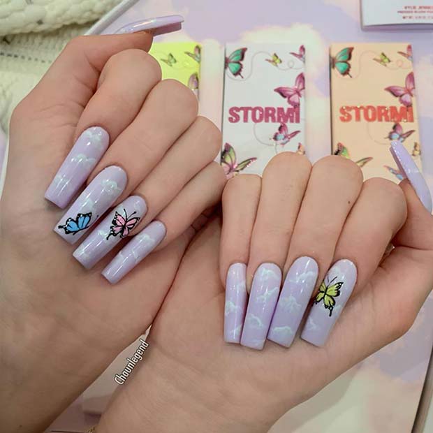 Purple Nails with Clouds and Butterflies
