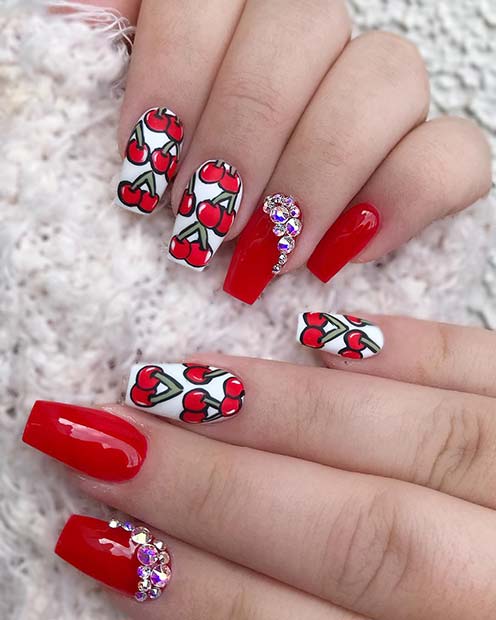Red Nails with Bold Cherry Art and Rhinestones