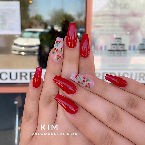 Red Nails with a Cherry Accent Nail