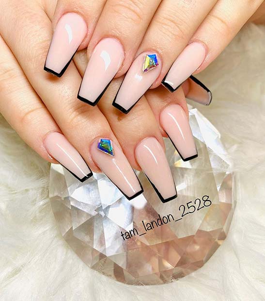 Stylish Nails with Black Tips and a Rhinestone