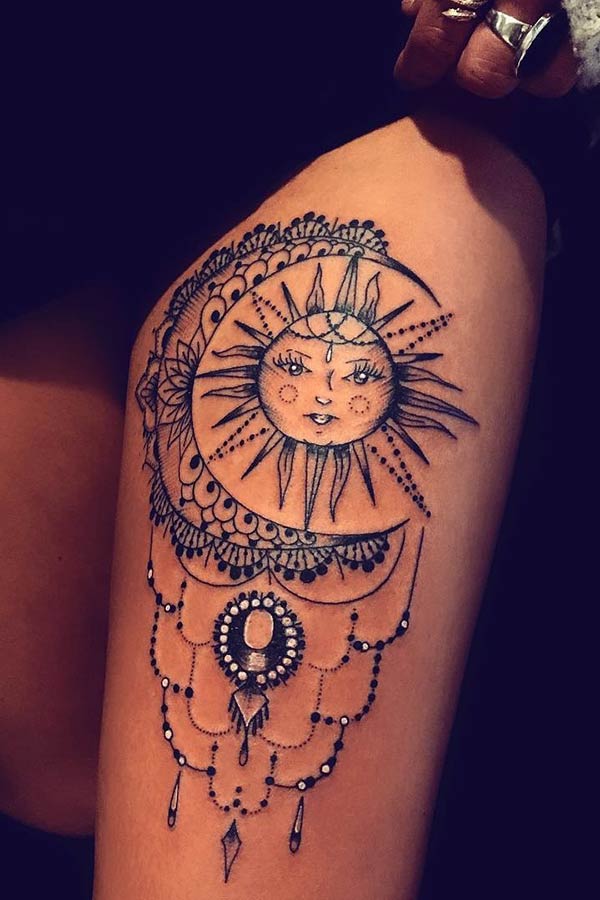 Sun and Moon Leg Tattoo Idea