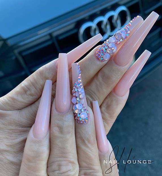 Very Long Coffin Nails with a Rhinestone Accent Nail