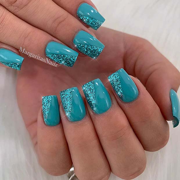 Vivid Blue Nails with Glitter