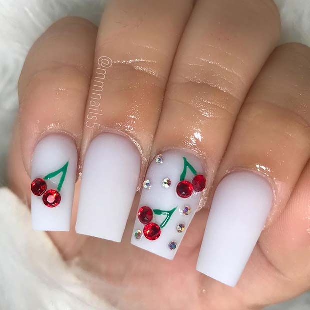 White Nails with Glam Cherry Design