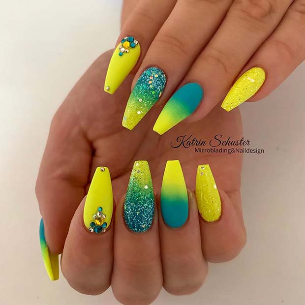 Glitzy Neon Yellow and Blue Nails