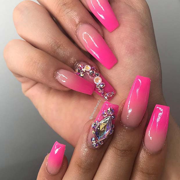 Ombre Pink Nails with Rhinestones 