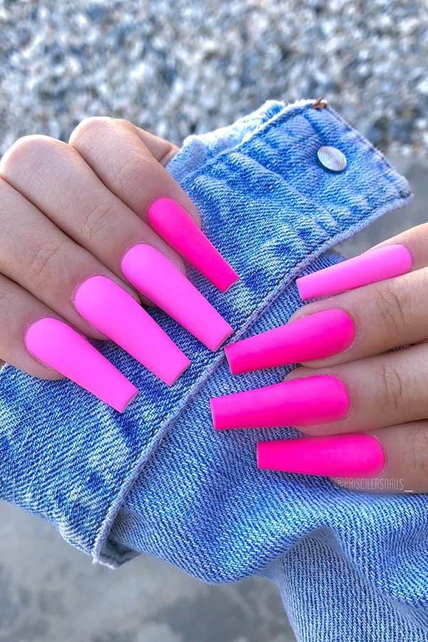 Matte Neon Pink Coffin Nails