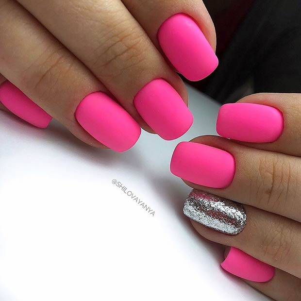 Matte Neon Pink Short Nails