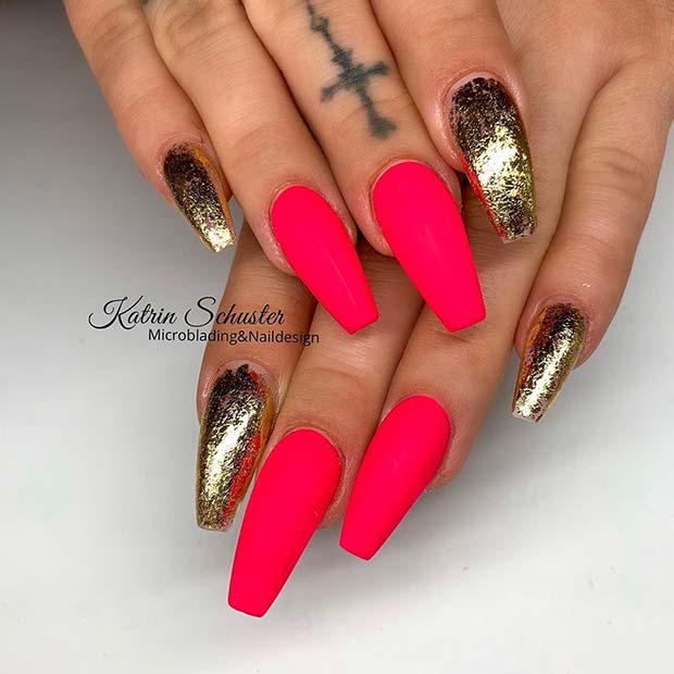 Neon Pink and Gold Nails