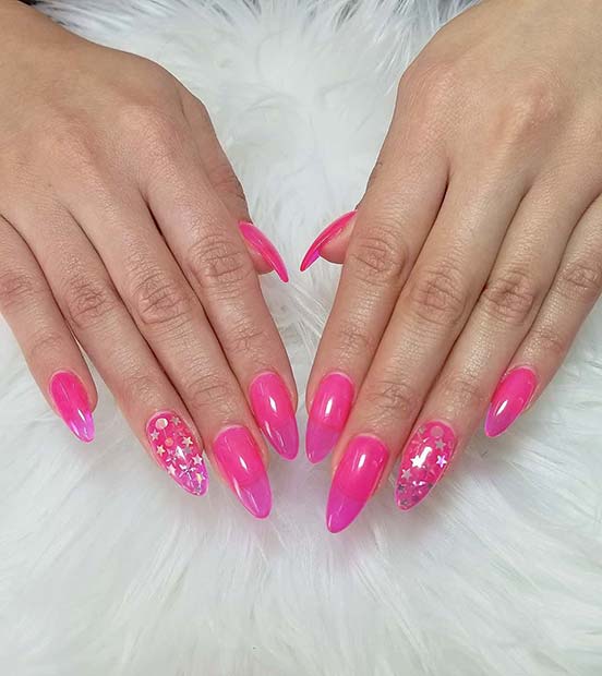 Neon Pink and Star Nails