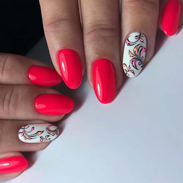Neon Pink with White Accent Nails