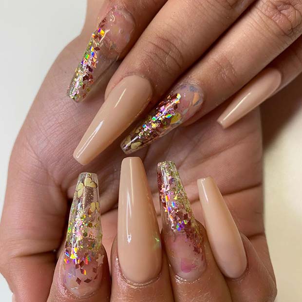 Nude Nails with Sparkle and Butterflies