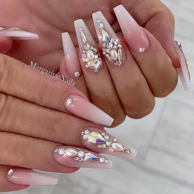Nude and White Ombre Nails with Rhinestones