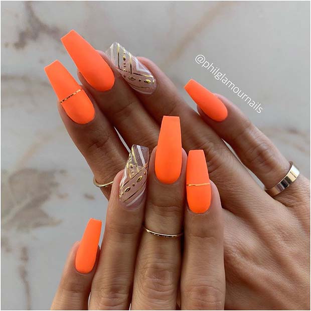 Stylish Orange Nails with a Clear Accent Nail