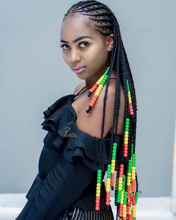 Tribal Cornrows with Red, Yellow and Green Beads