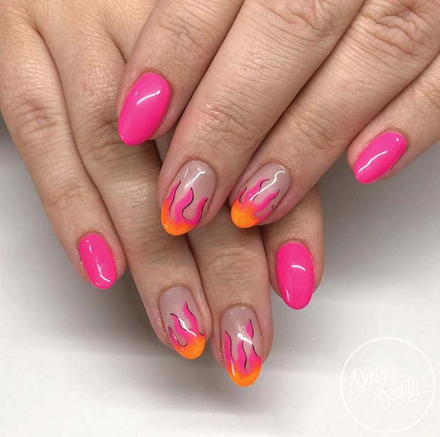 Vivid Pink Nails with Flame Art