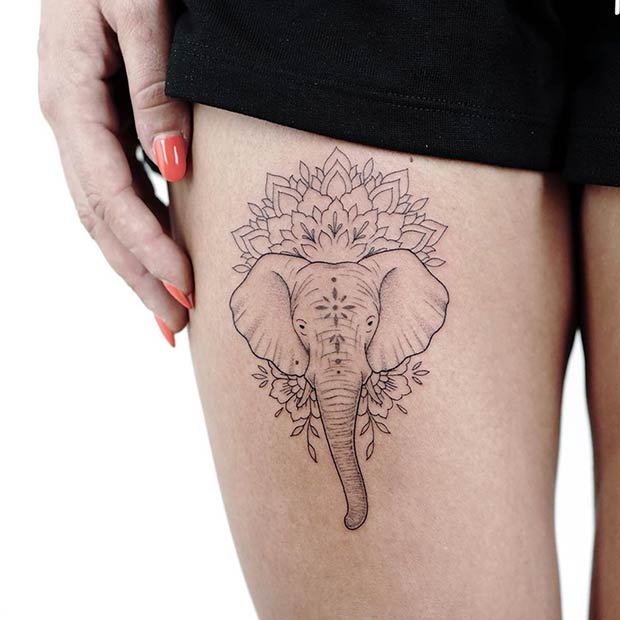 Elephant Head Thigh Tattoo