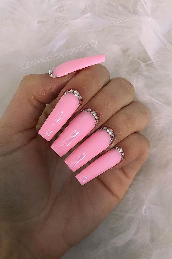 Light Pink Square Nails with Rhinestones