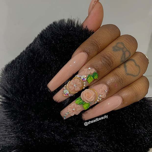 Nude Nails with Flowers and Rhinestones
