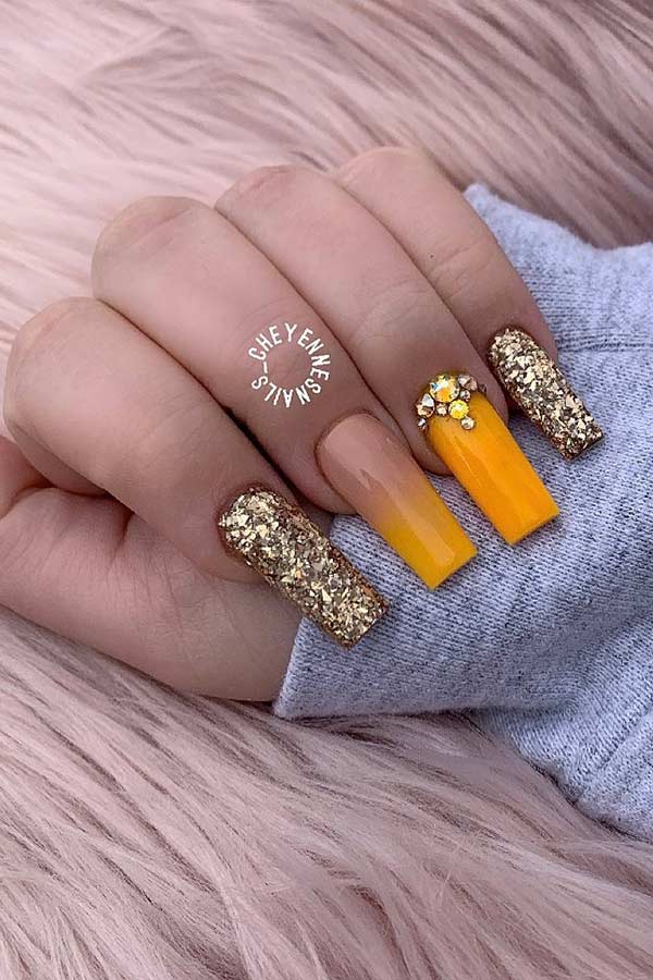 Orange and Gold Glitter Nails