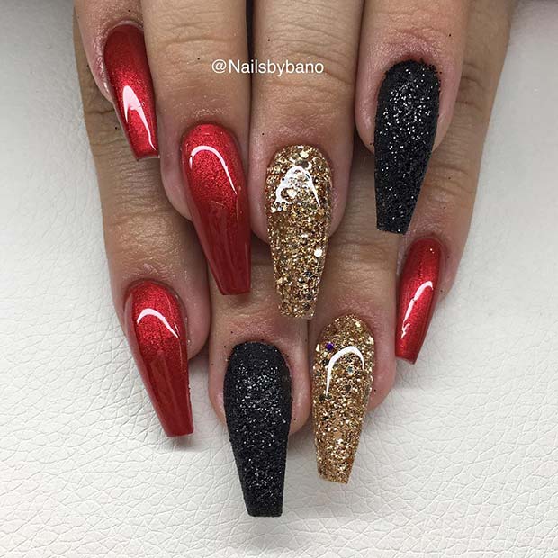 Red, Black and Gold Coffin Nails
